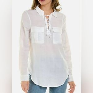 NWT Bobi Lace Up Pocket Shirt with pockets, white, laced neck, round hem $129